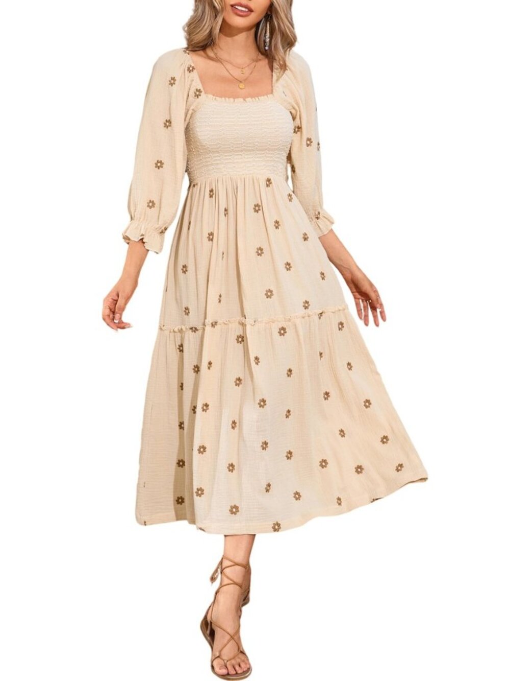 Women's Cotton Floral Embroidered Boho Midi Dress with Pockets